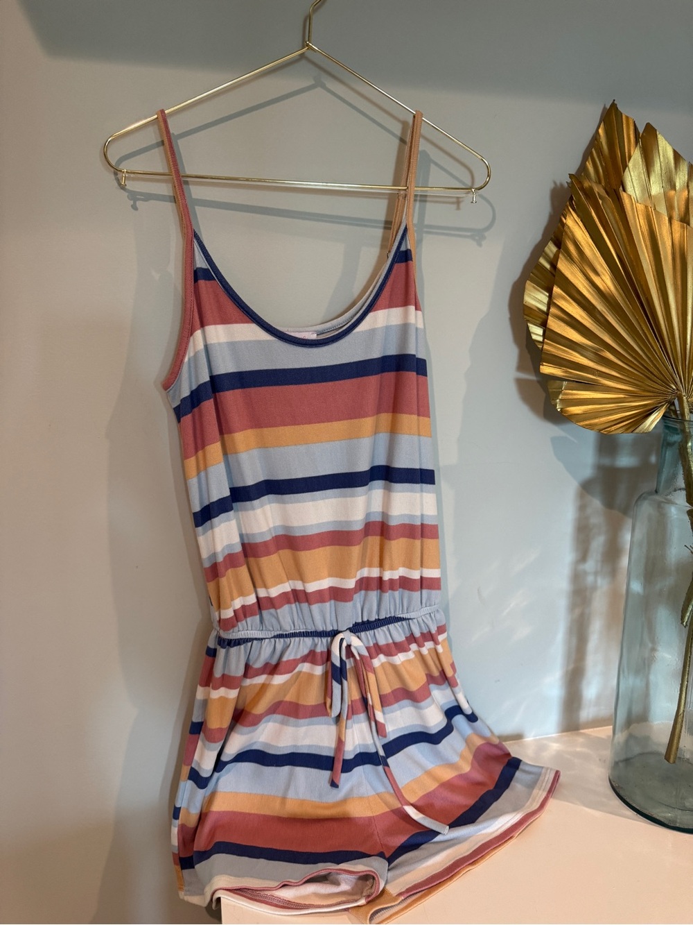 Pink Lily Striped Romper in Pink, Navy, White & Mustard